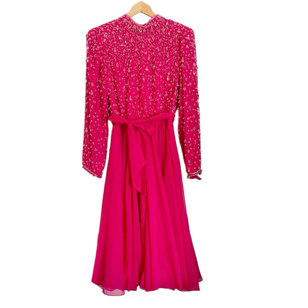 Fuchsia Floral-Embellished Long Sleeve Maxi Dress with Waist Tie